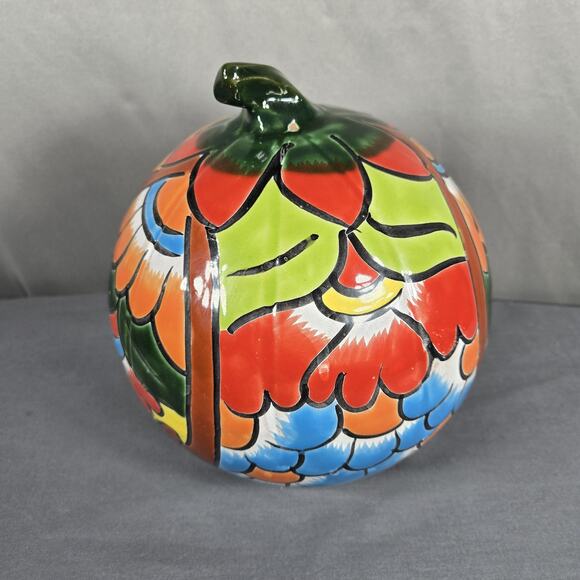 Blue Orange Pottery Talavera 9" Jack O Lantern Pumpkin Luminary Mexico Decor - Picture 6 of 10